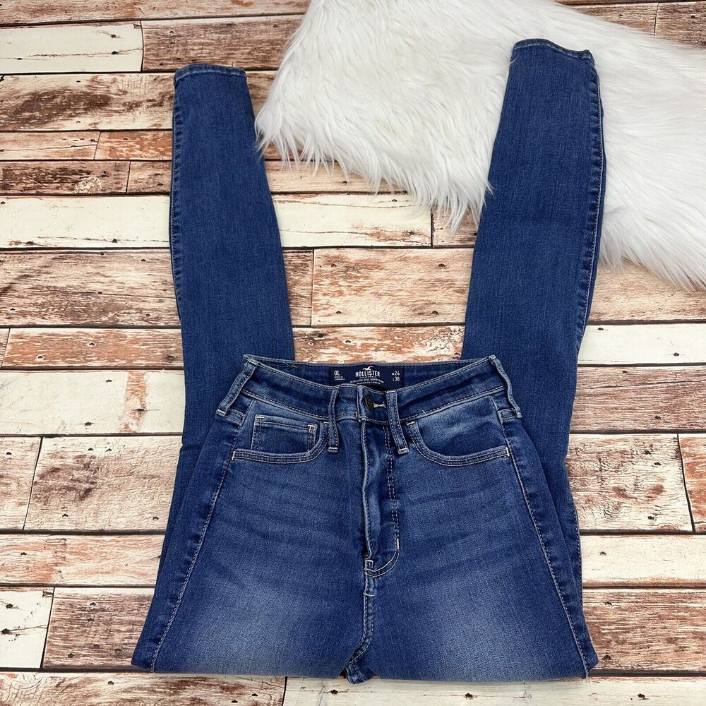 Hollister Ultra High Rise Super Skinny Jeans Size 0L Tall (24X30) Distressed Zip - Picture 3 of 7